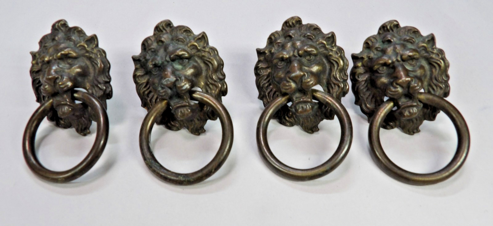 4 VINTAGE BRASS LION HEAD DROP RING DRAWER PULLS KEELER HARDWARE RECLAIMED