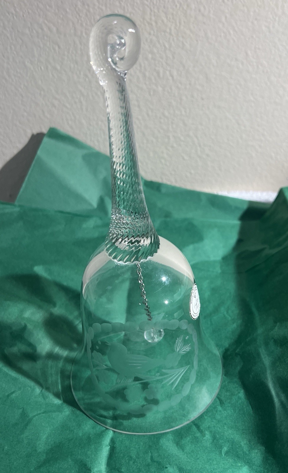 Romanian Crystal Bell, Etched Bird & Flowers, Spiral Loop Handle