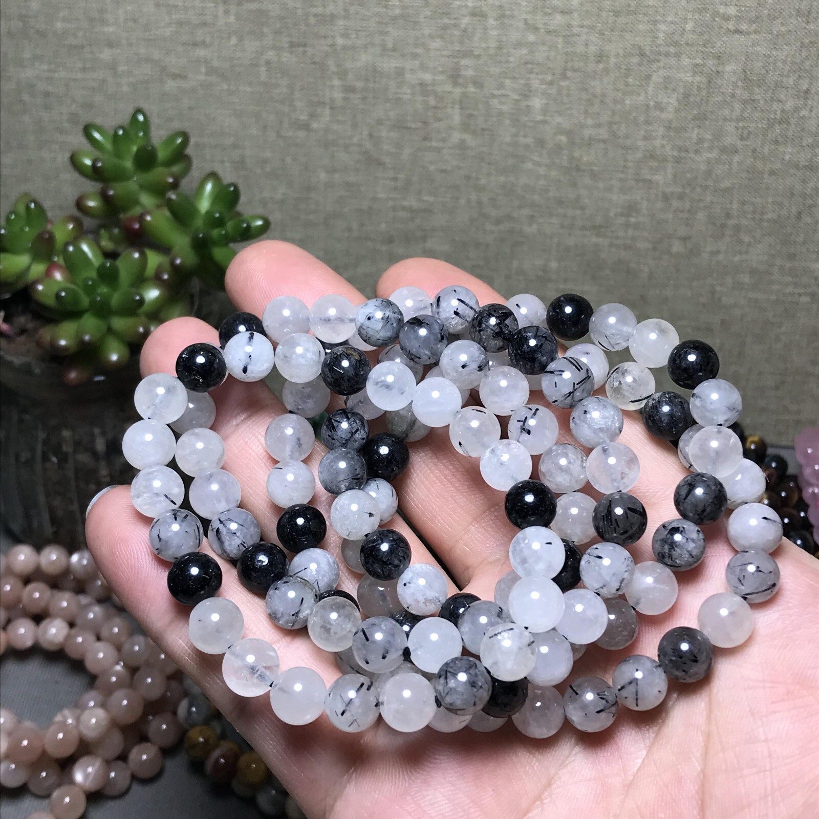 5Pcs Wholesal Natural Polish black hair crystal bracelets Crystal ball 8mm