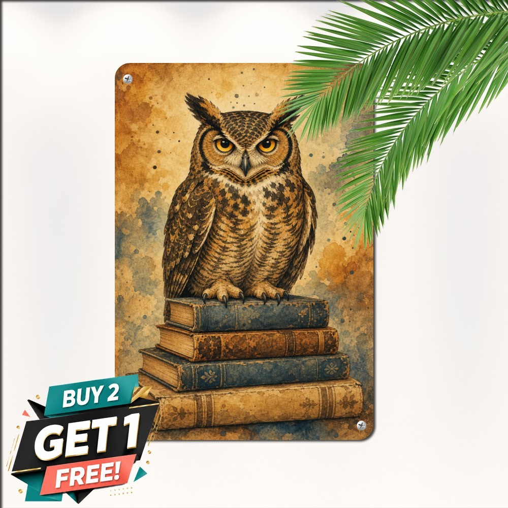 Watercolor Stacking Books Owl Tin Sign Cozy Study Reading Nook Metal Plaque