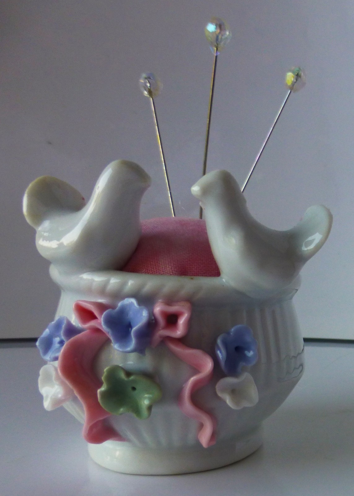 Vintage Porcelain Pincushion Pair of White Doves & Flowers Birds