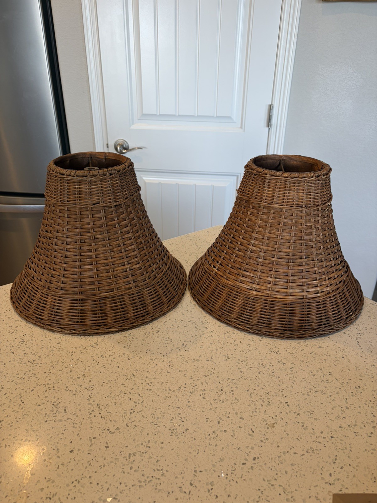 RARE Vintage Pair Woven Rattan Wicker Lined Lamp Shades Boho Style - Large READ