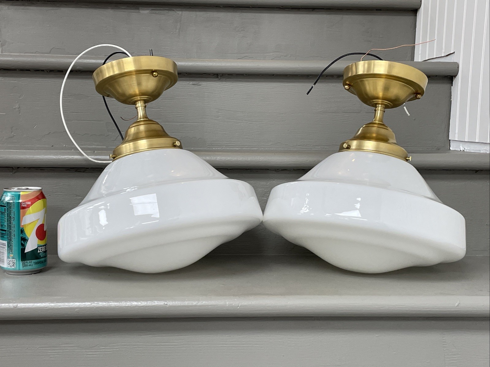 PAIR RESTORED Antique Vtg Schoolhouse Ceiling Lights Semi Flush Deco MCM Brass