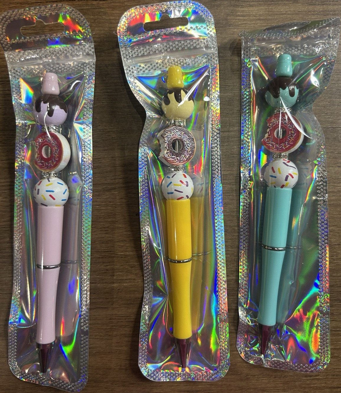 3x Novelty Metal Ballpoint Pens Black Ink Character Topper Donut Charm Set