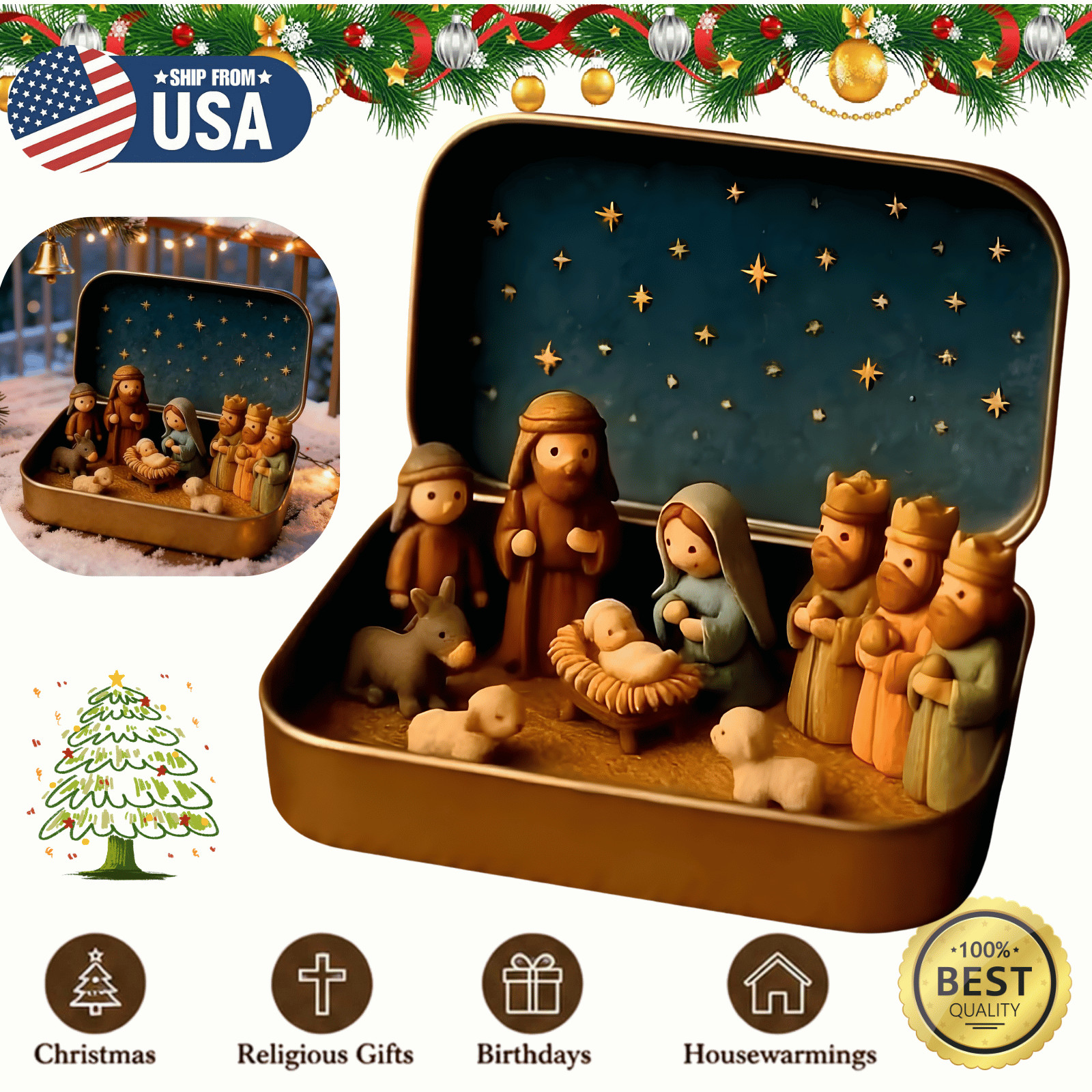 Christmas Nativity Set in a Tin Box Pocket Nativity Jesus Classic Scene Mini Tin