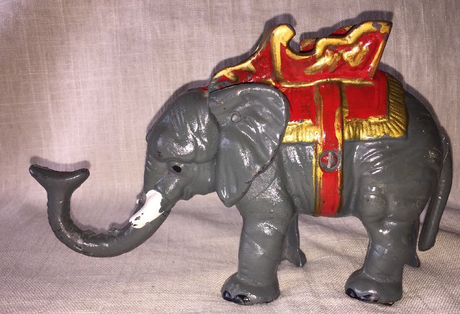 Vintage Mechanical Cast Iron Elephant Bank Howdah Saddle Spring Loaded