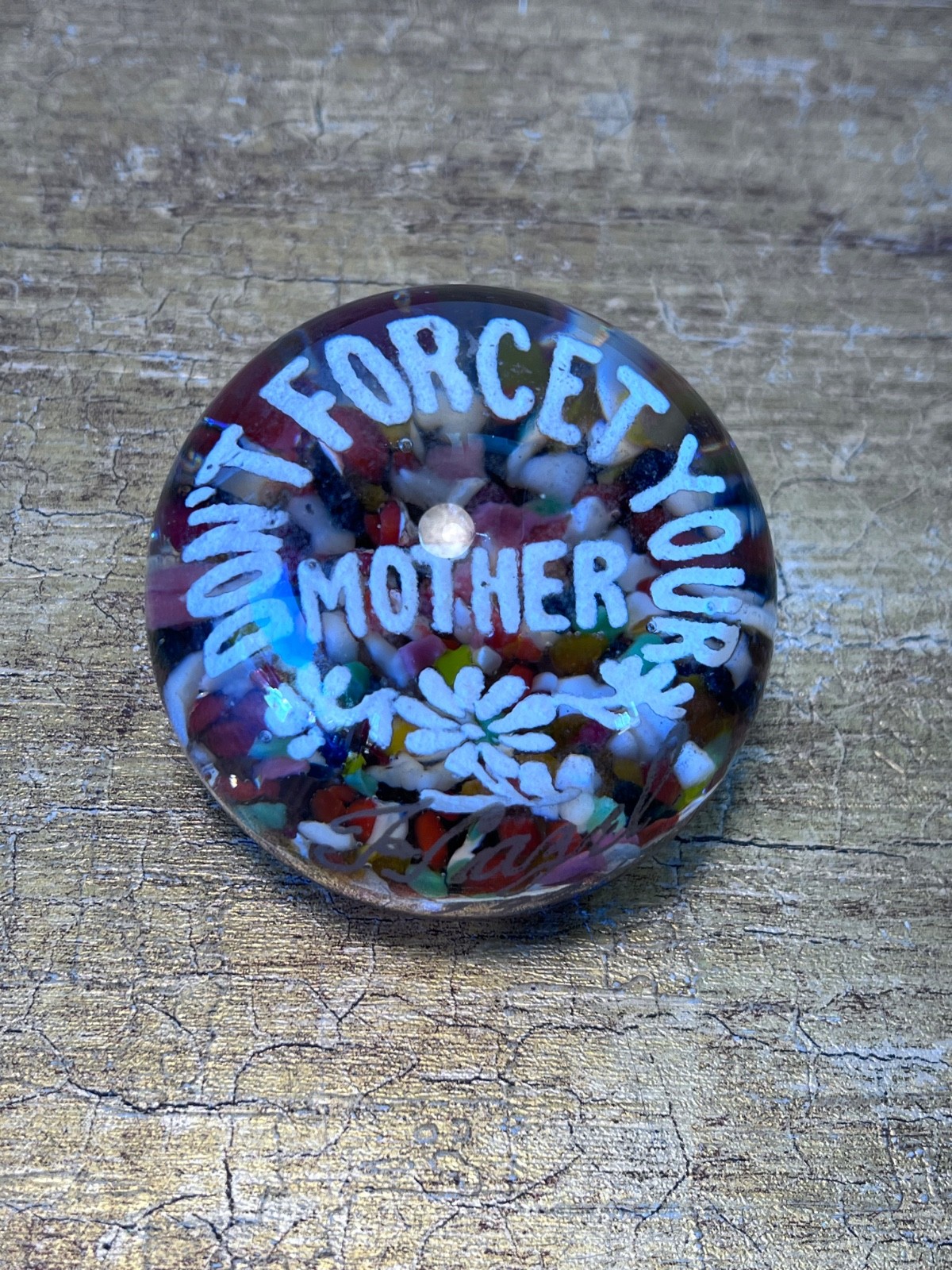 Vintage Handblown Don’t Forget Your Mother Glass Frit Confetti Paperweight