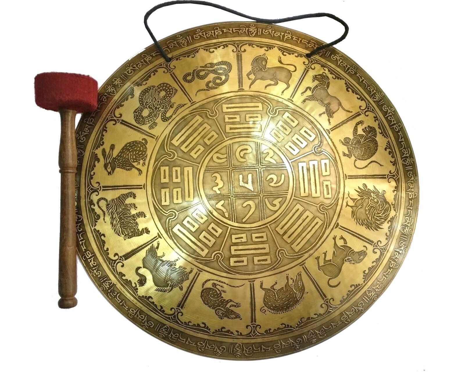 50 CM Tibetan calendar carved Gong & mallet - Deep resonating  gongs healing