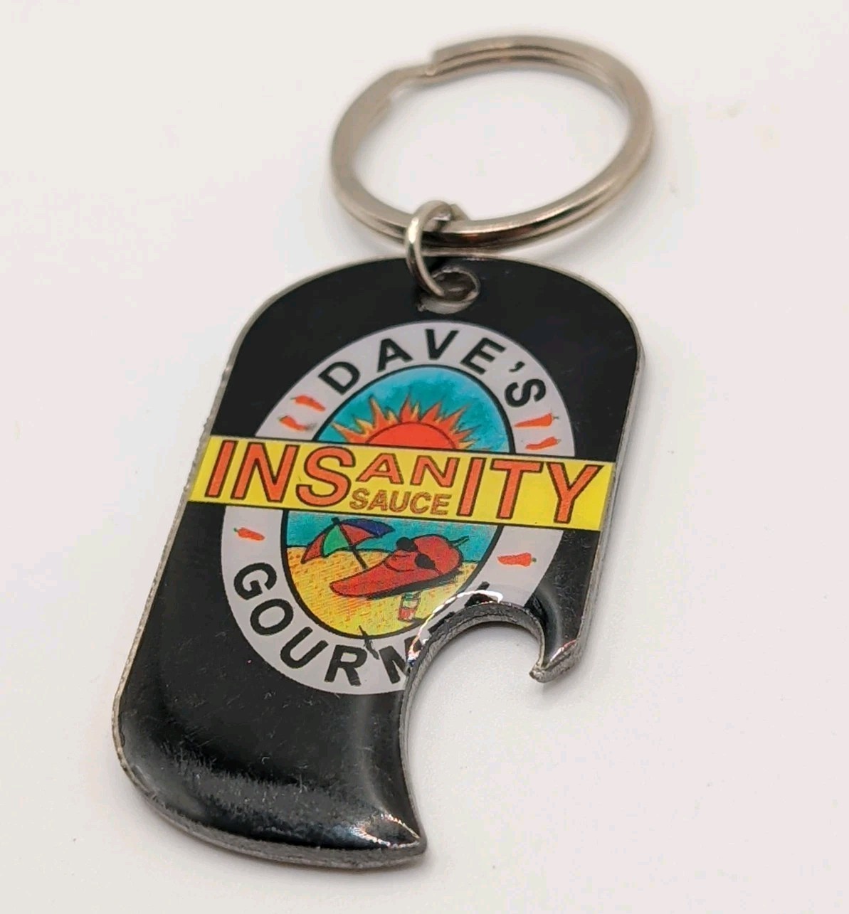 DAVE\'S GOURMET INSANITY SAUCE HALL OF FLAME Bottle Opener Keychain Key Ring