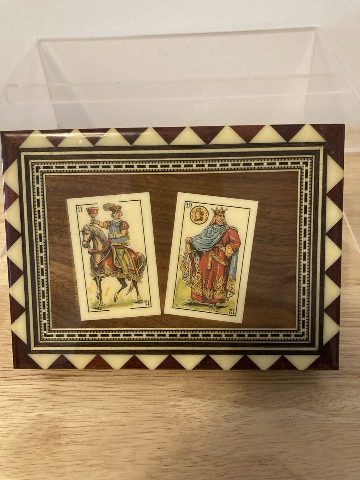 Vtg Inlaid Box w Lid Wood Hinged Lacquered Laguna Cards Handmade Granada Spain
