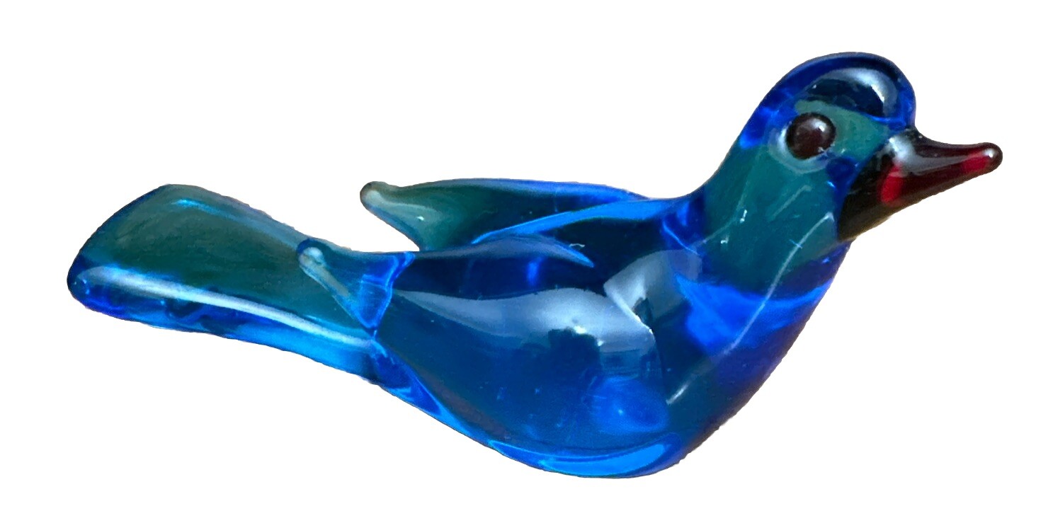 Art Glass Bluebird Figurine Red Beak & Eyes 4.5”Vintage