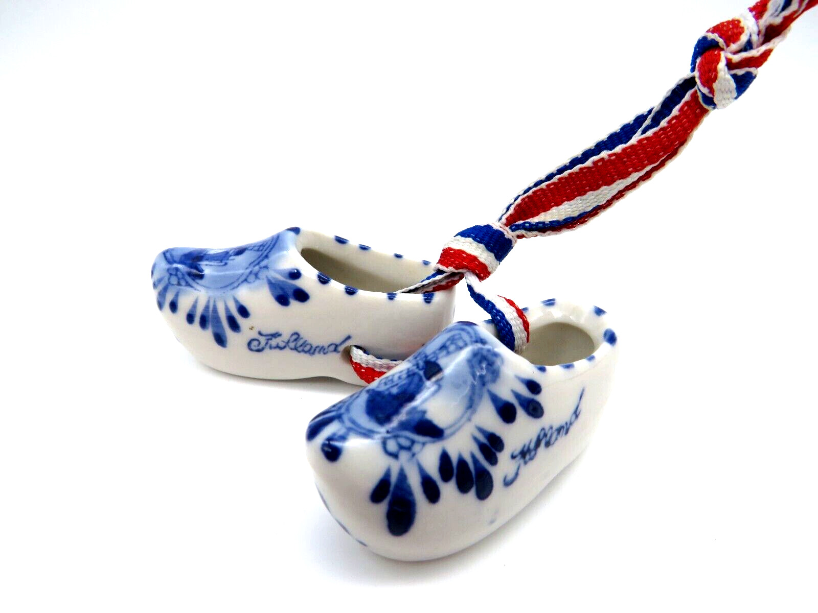Delft Blue Miniature Dutch Clogs Mini Shoes Hand Painted  With Ribbon 2”