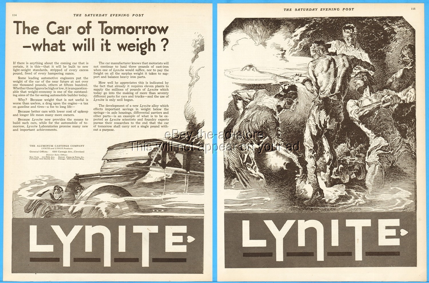 1919 Aluminum Castings Co Vintage Print Ad Lynite Foundry Workers Art Car Piston