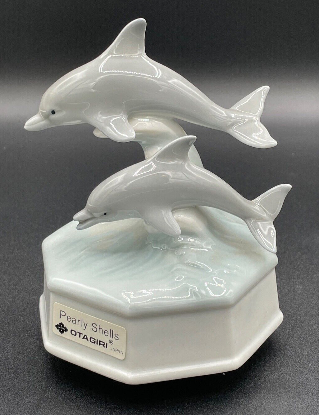 Vintage Otagiri Porcelain Music Box With Dolphins Plays Pearly Shells Revolving
