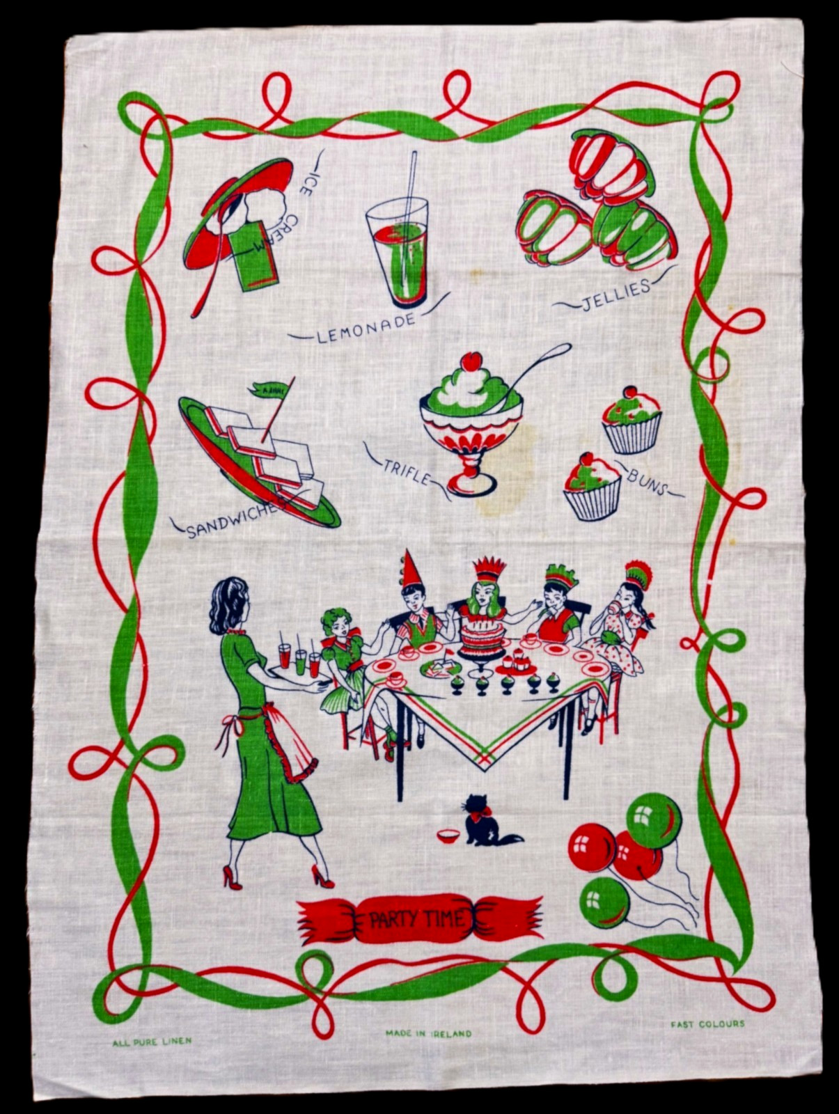 NWOT Linen Tea Towel Wall Art FAB Mid Century PARTY TIME Unhemmed Sides