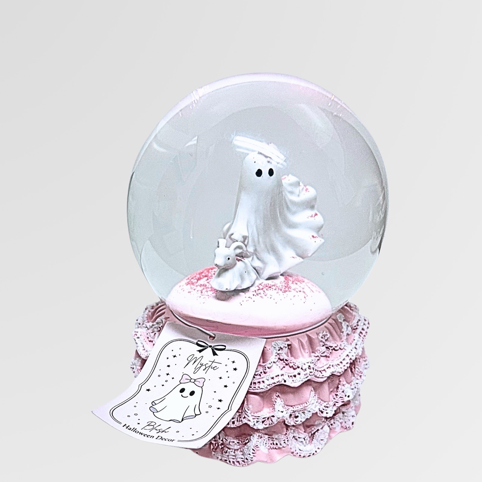 Mystic Blush Pink Ghost and Dog Halloween Decor Snow Globe Ruffle Lace Base New
