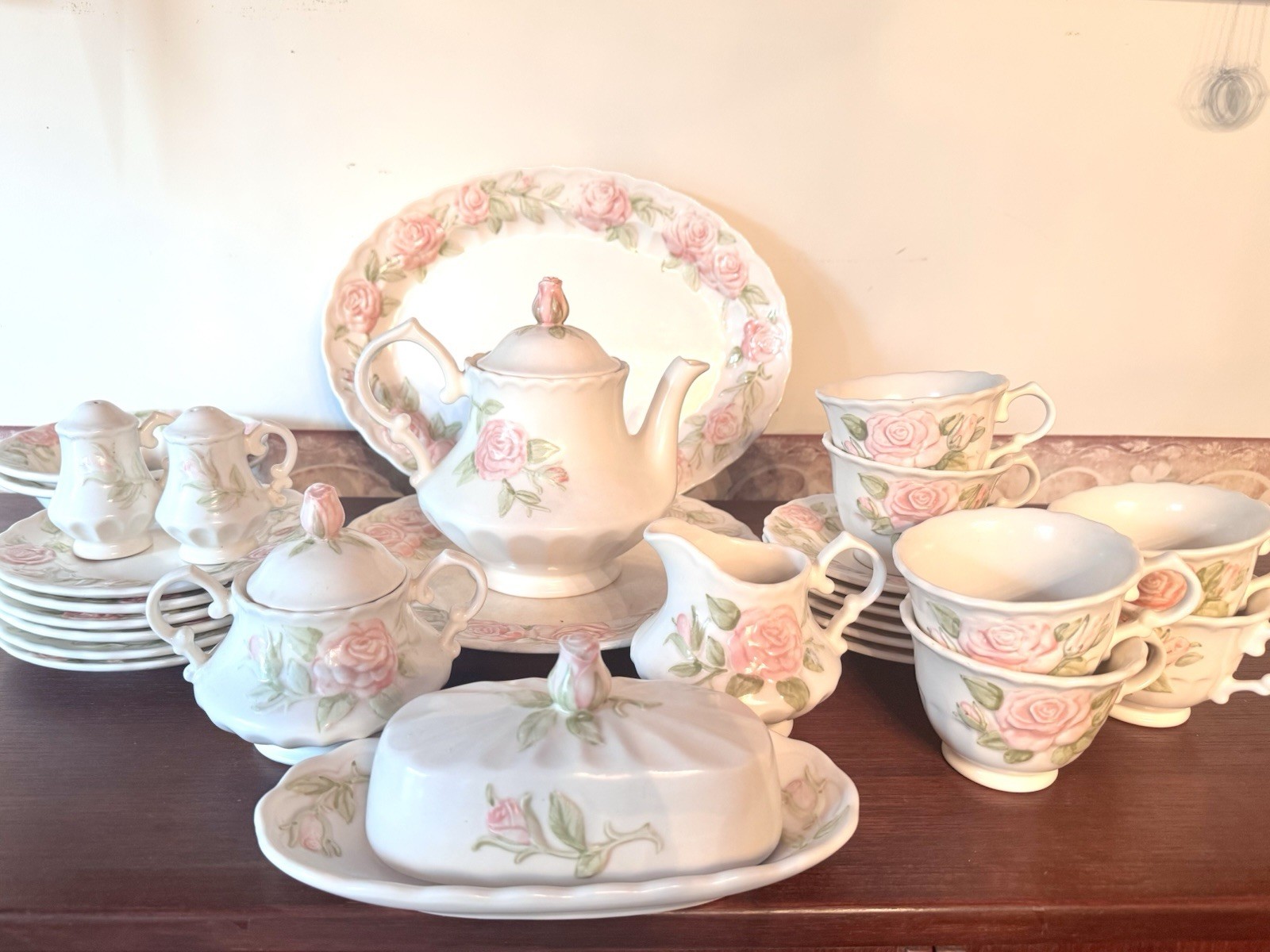 Vintage Vernon Rose Metlox 28 Pc Tea Set w/ Teapot Butter Dish Serving Platter