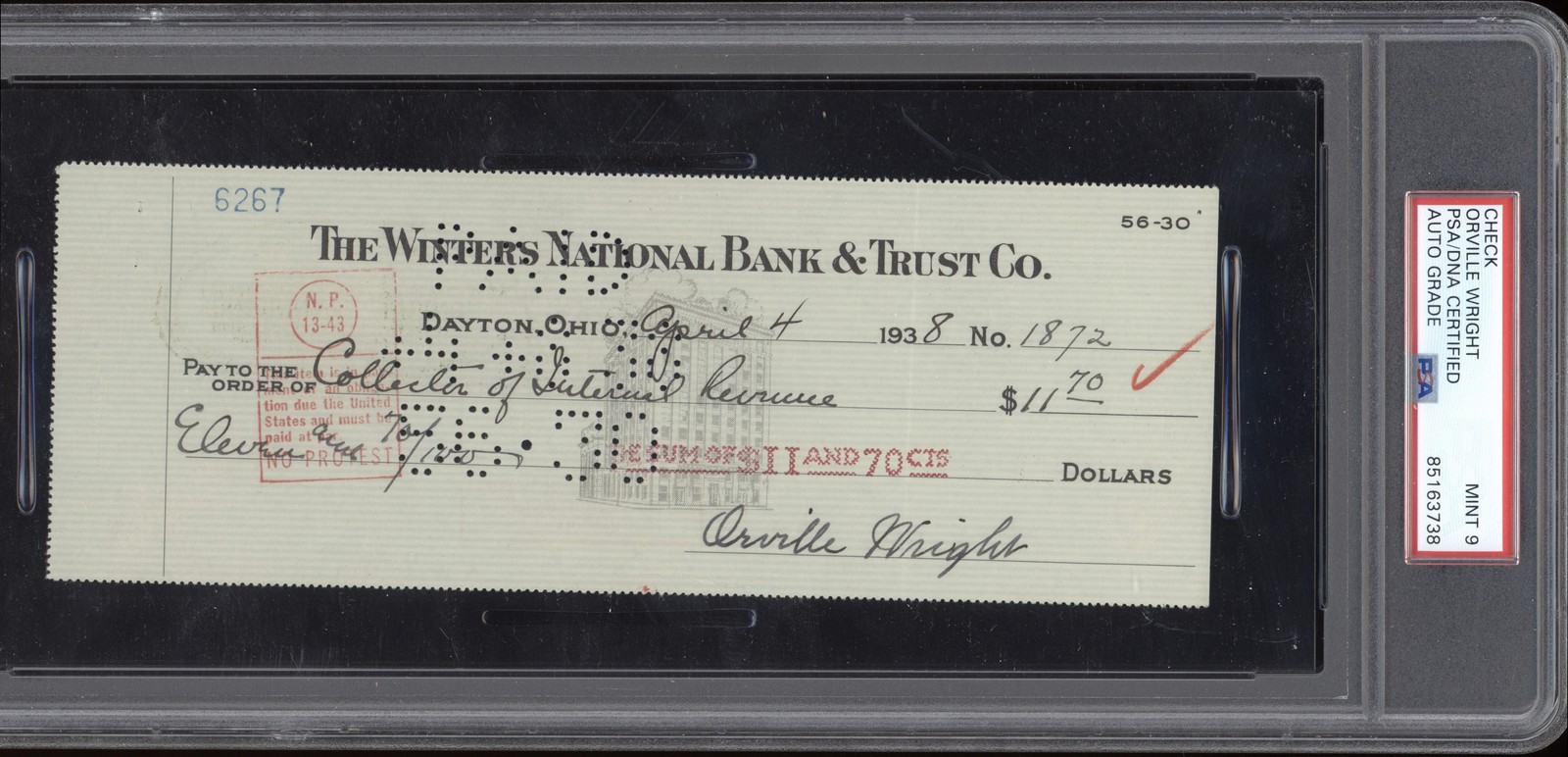 Orville Wright Signed Check 3 Winters National Bank PSA Auto 9
