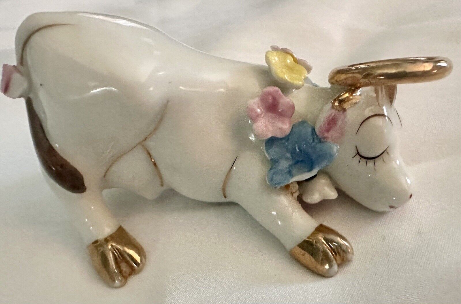 Vintage White Porcelain Cow Figurine  Blue Pink Flower Gold Halo Japan