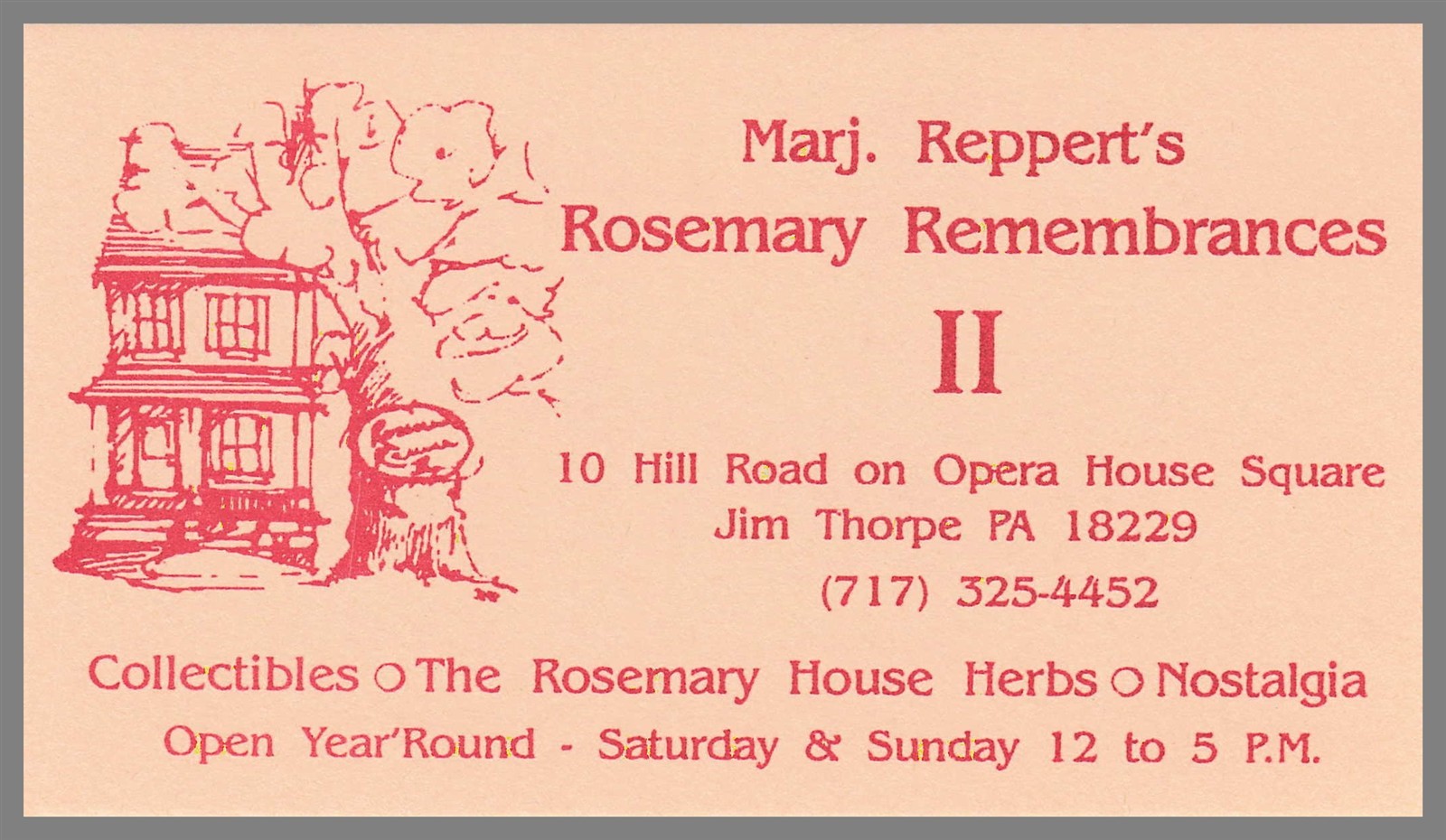 Marjorie Reppert\'s Rosemary Remembrances Jim Thorpe PA Vintage Business Card Marjorie Reppert\'s Rosemary Remembrances Jim Thorpe PA Vintage Business Card
