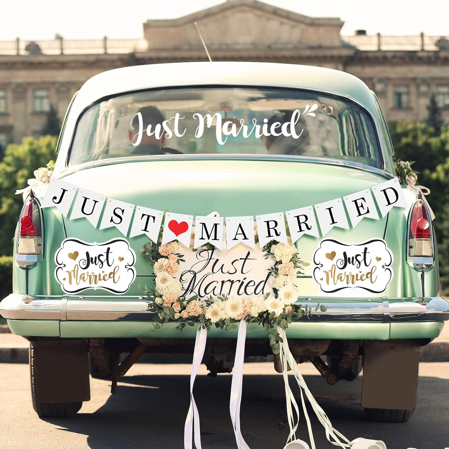 Just Married Car Decoration Set with Magnets, Decals, and Banner for Weddings