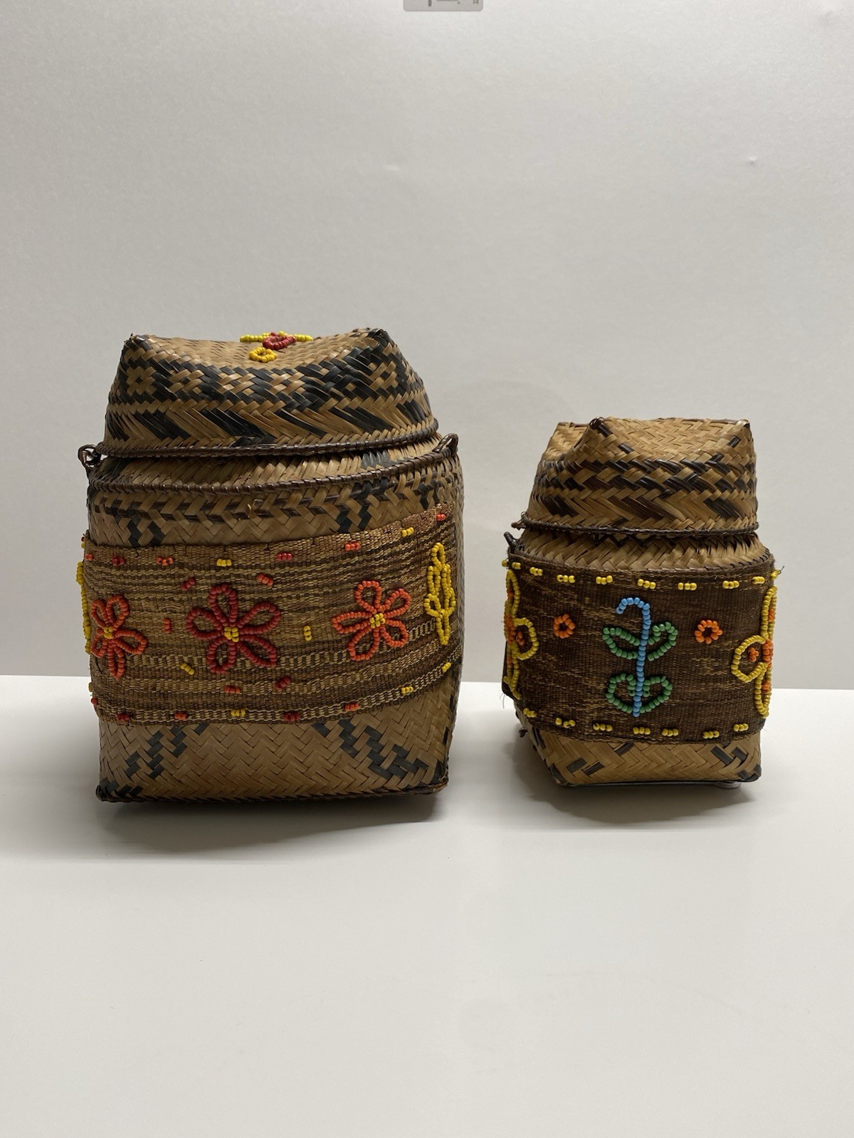 Vintage Dayak Beaded Baje' Baskets - Set of 2 Handwoven Borneo Tribal Art