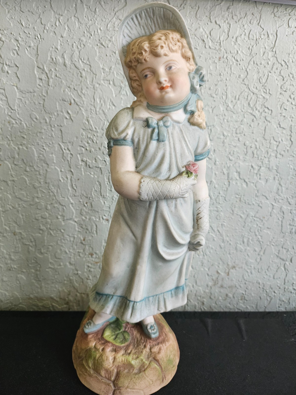 Antique German Bisque Porcelain Victorian Girl Blue Bonnet & Pink Rose #B76 13\