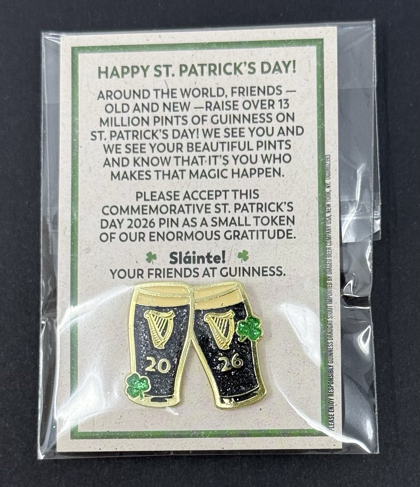 2026 Guinness Happy St. Patrick\'s Day Pin - New