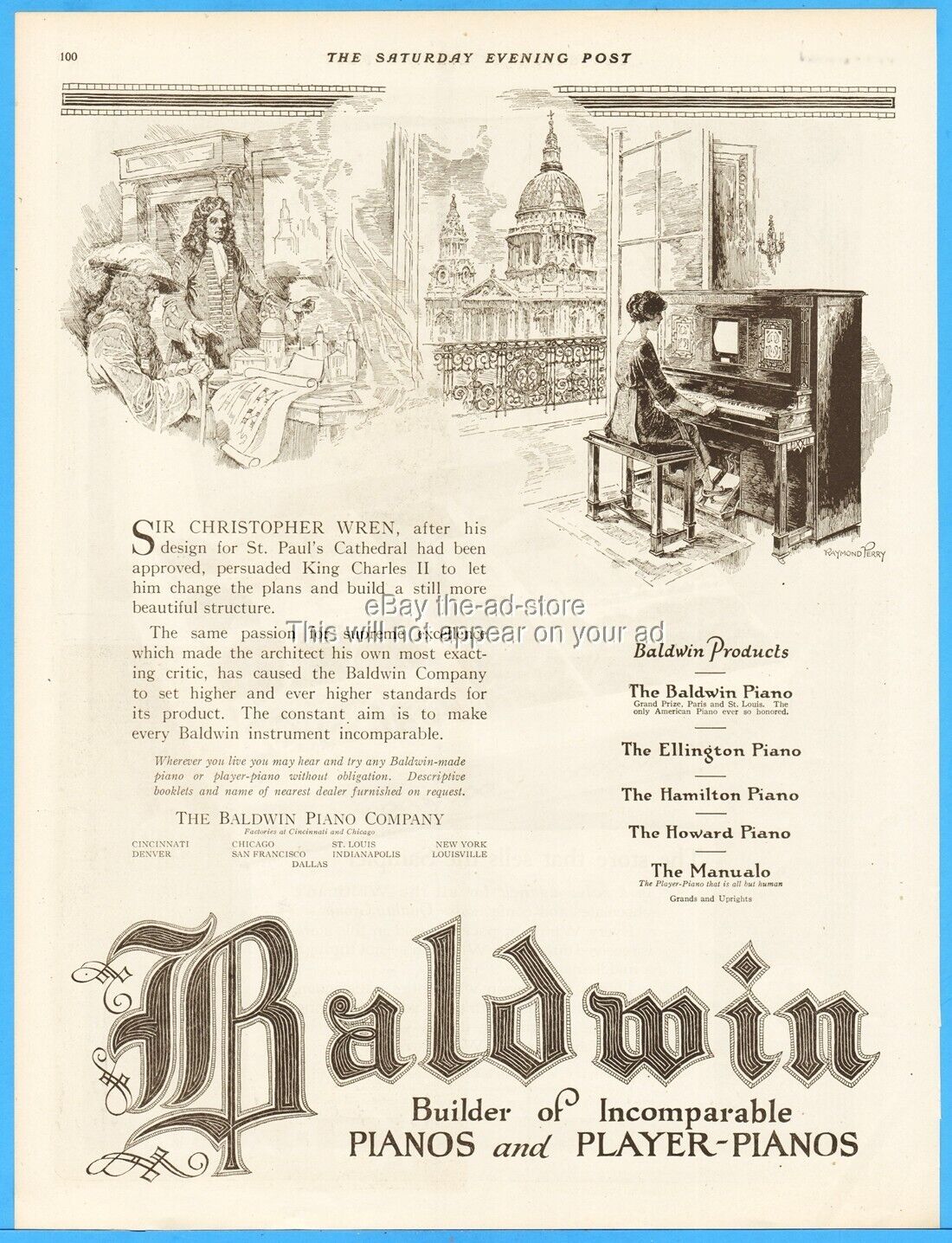 1921 Baldwin Piano Co Cincinnati OH Sir Christopher Wren St Paul\'s Cathedral Ad