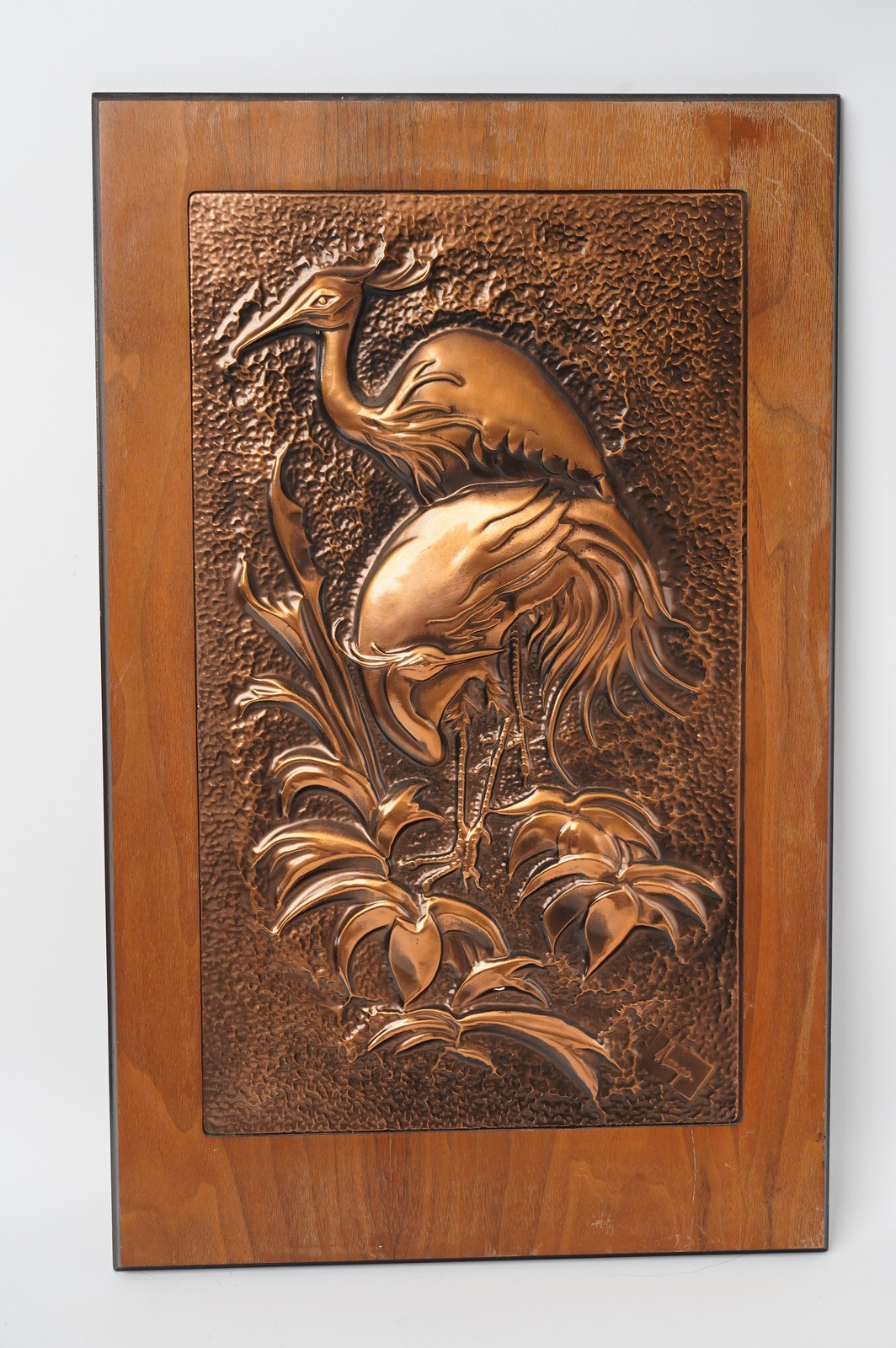Vintage Hand Wrought Copper Regal Ibis Wall Plaque Wood Framed Signed Margo MCM