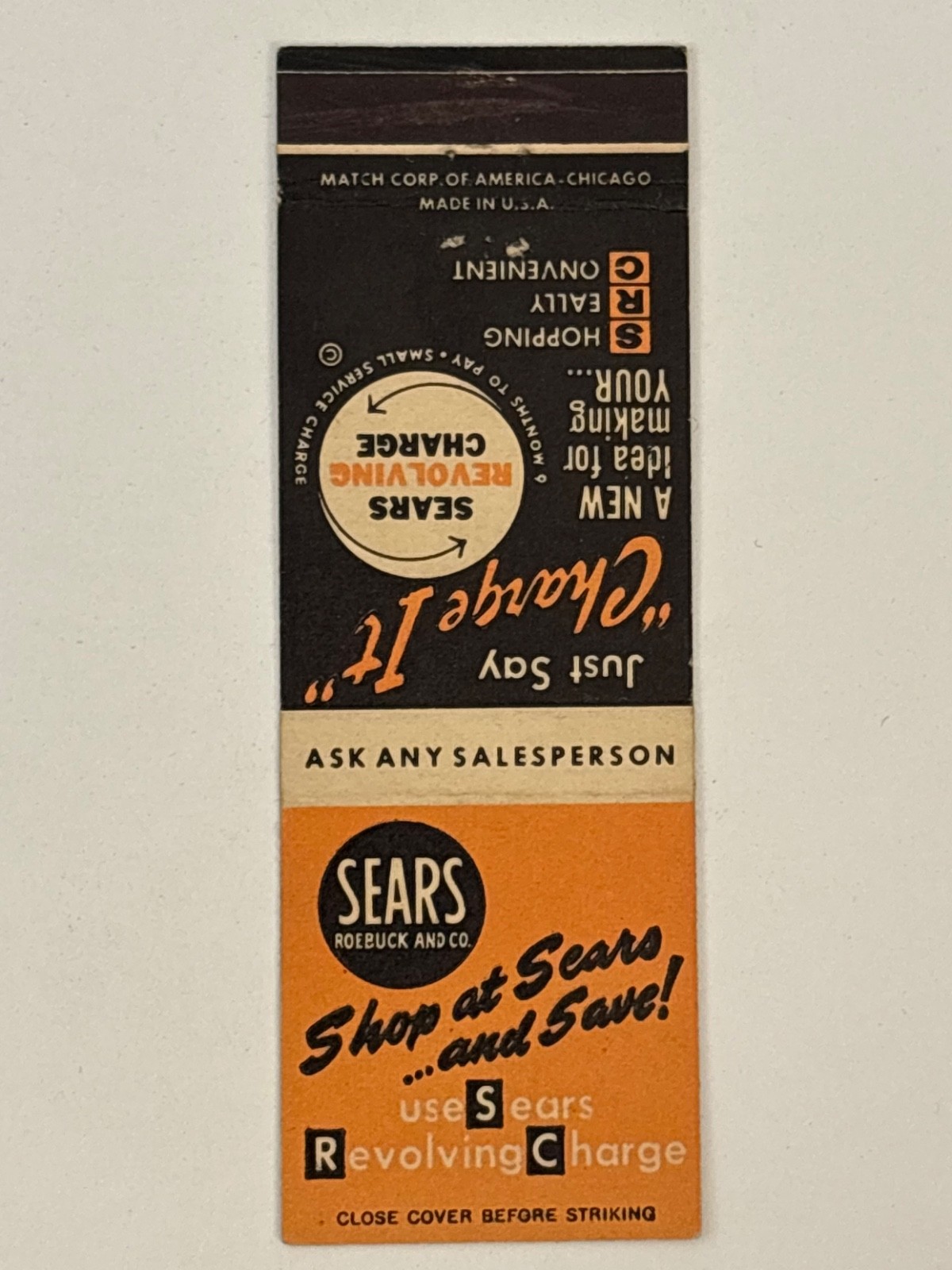 Sears Roebuck and Co Flat Matchbook Cover Shop and Sears Revolving Charge It