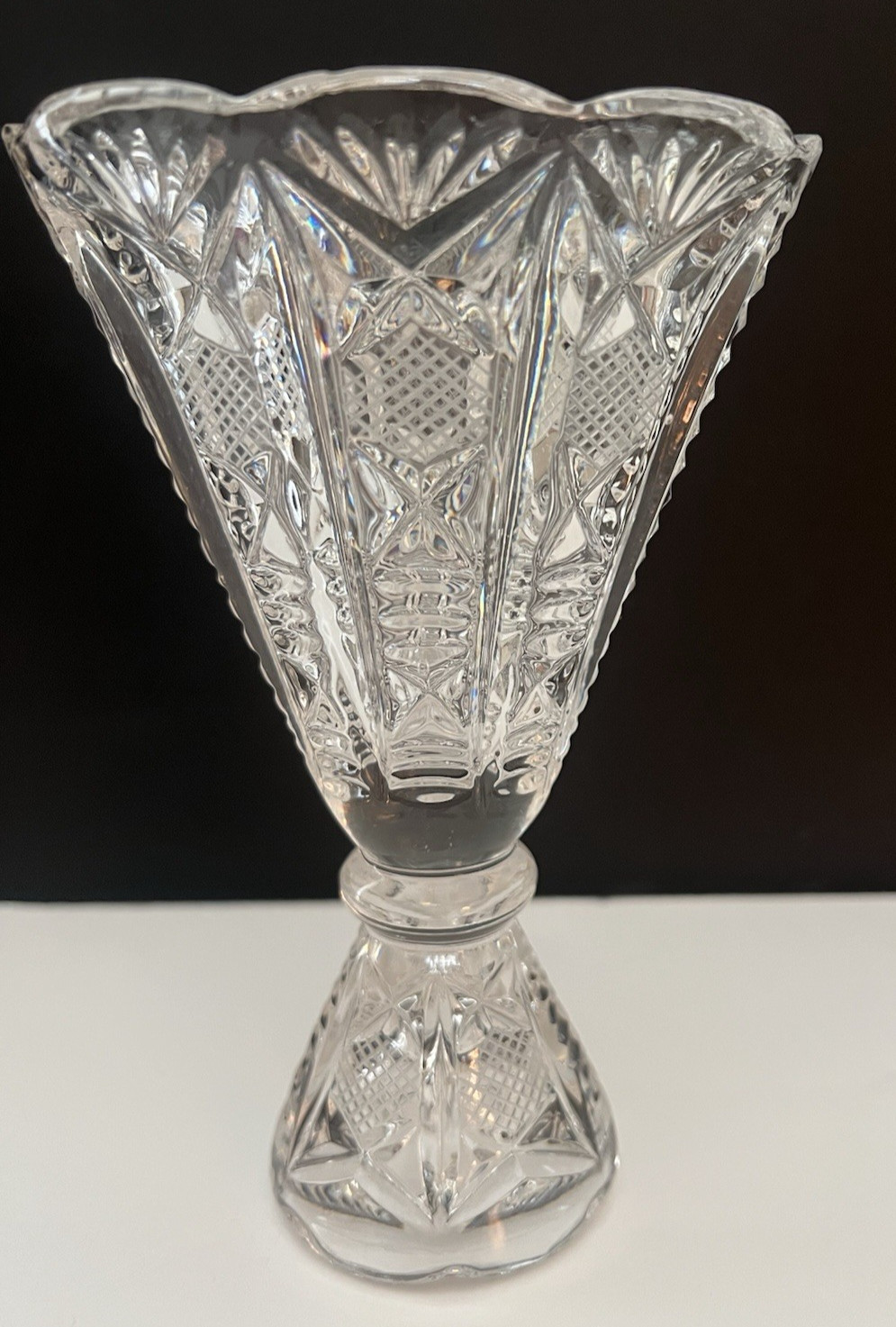 Early American Clear Pressed Glass Trumpet Vase Scalloped Rim Pedestal Base 6\