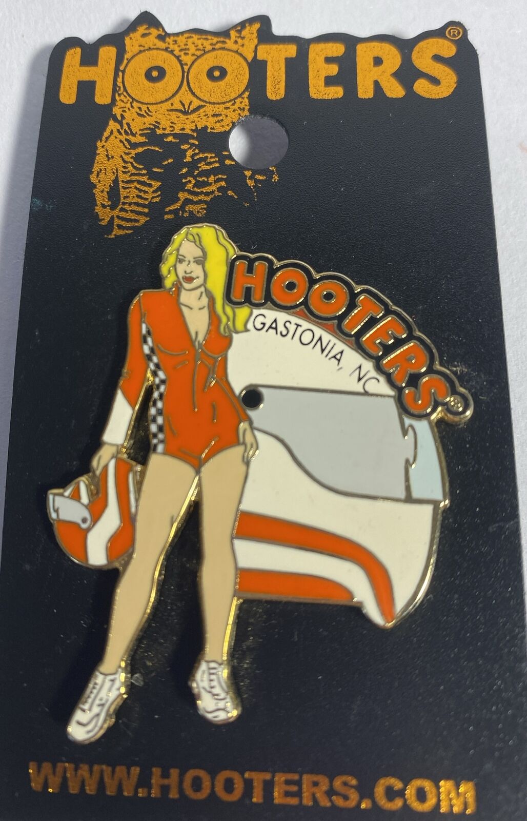 HOOTERS Gastonia NC Racing Waitress Holding Helmet Collectable Pin. New FastShip
