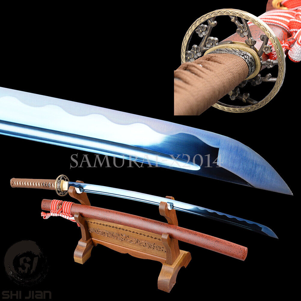 Functional Elegant Blue Blade Japanese Samurai Katana Sword Red Lacquered Saya