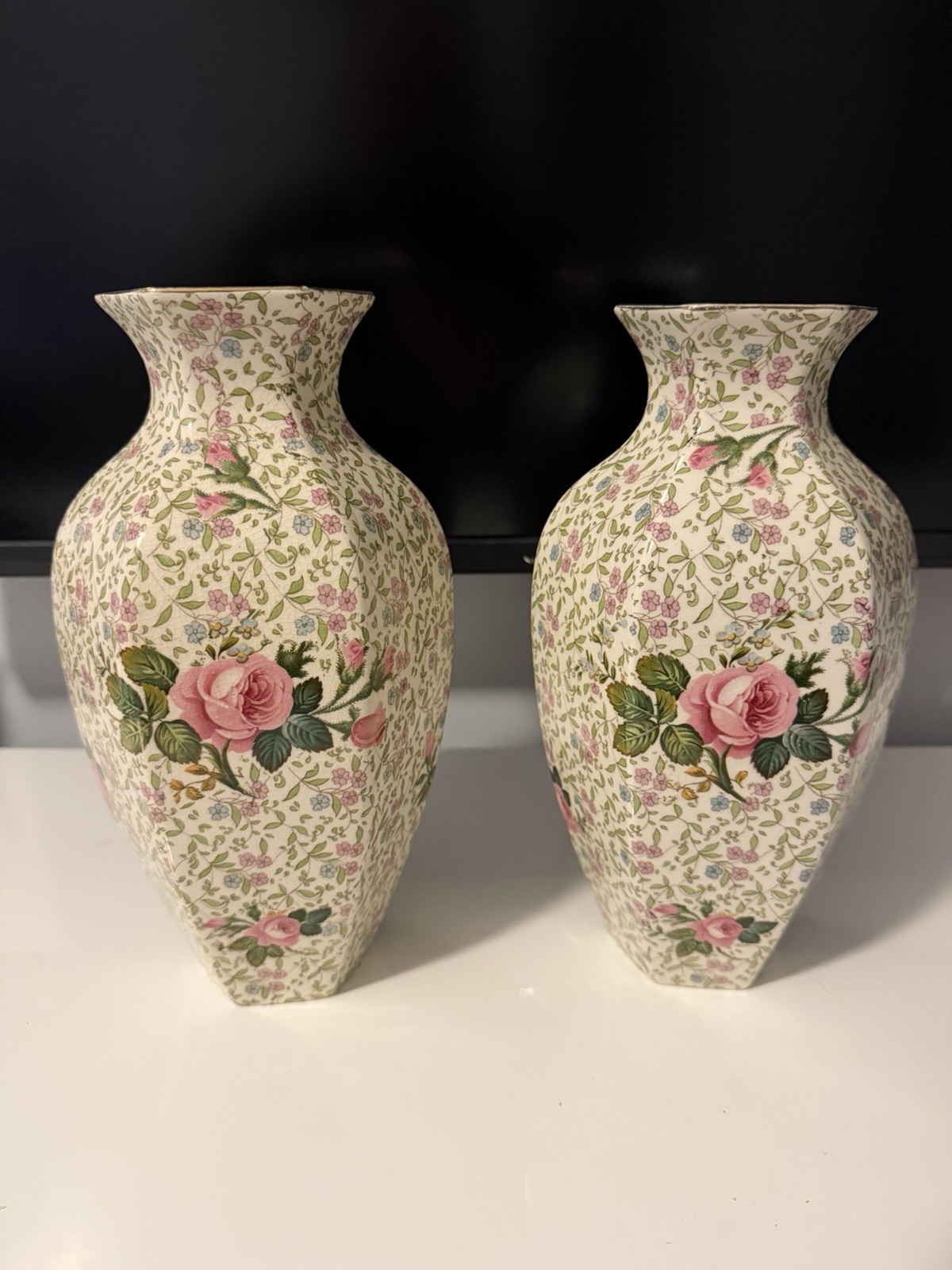 Antique Crown Ducal Ware A.G.R. England Pair 10” Chintz Rose Floral Vases