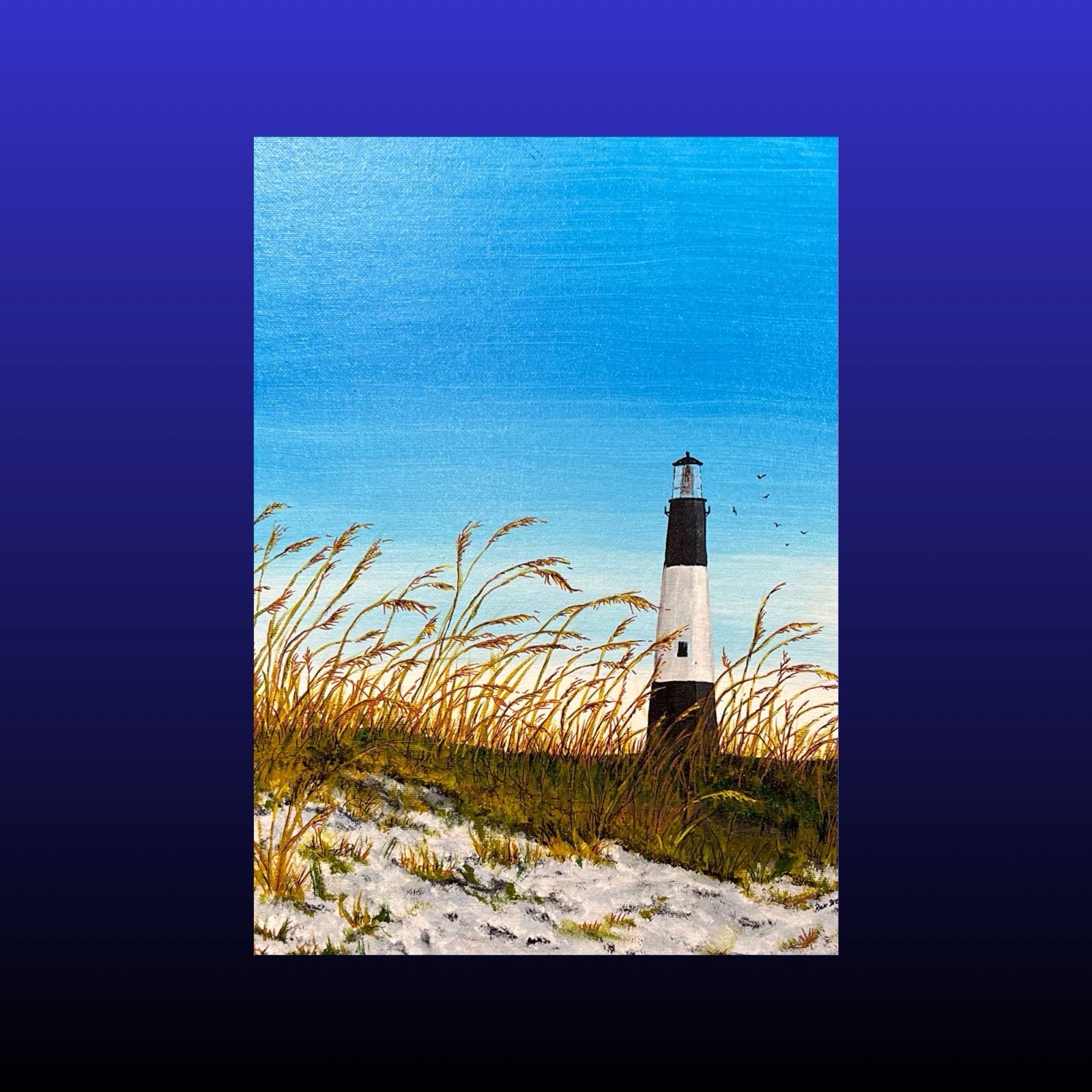 ACEO ATC Original Painting PRINT, Tybee Island Lighthouse Beach Grass Dunes View