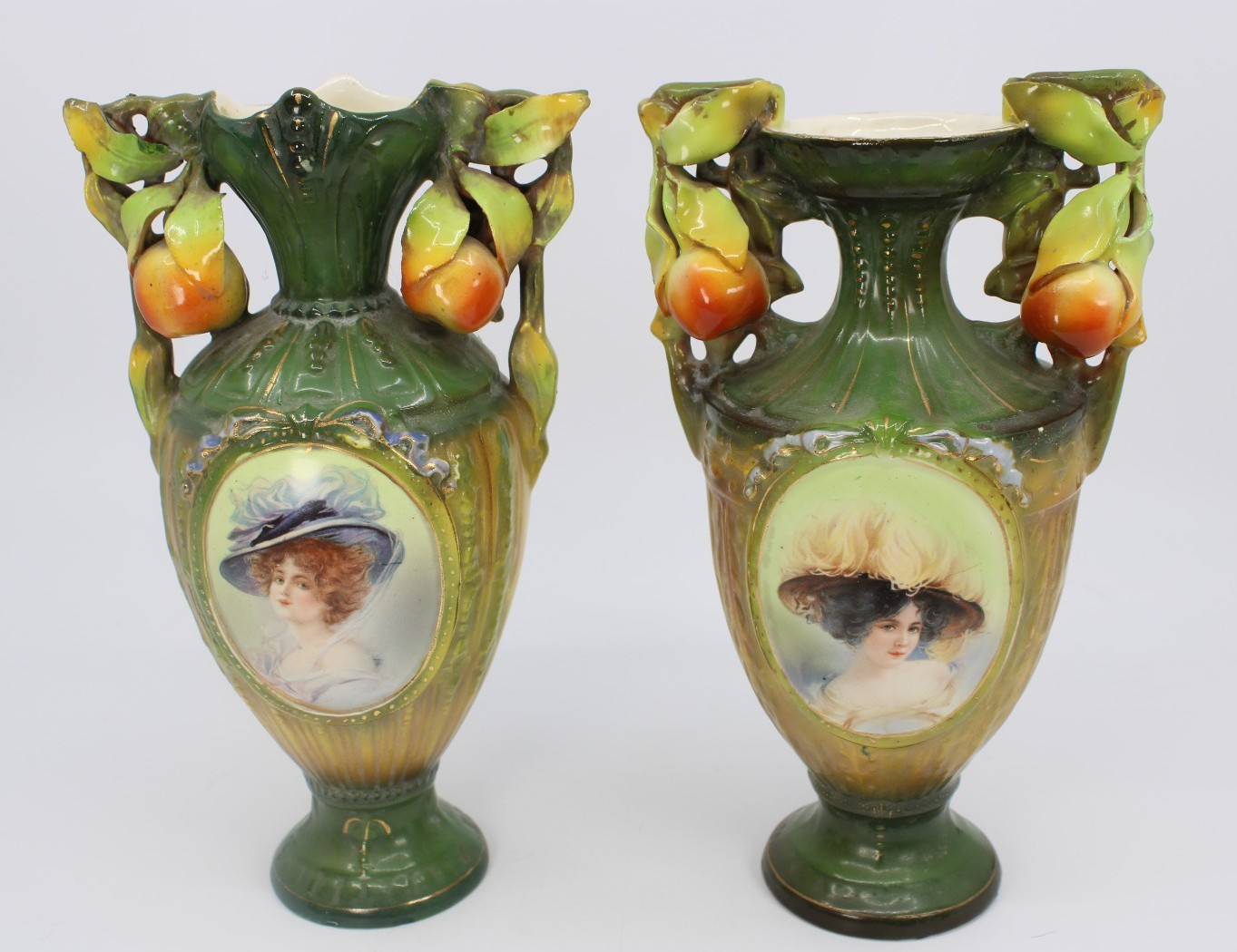 Pair Antique Robert Hanke Austrian Porcelain Portrait Vases - Art Nouveau