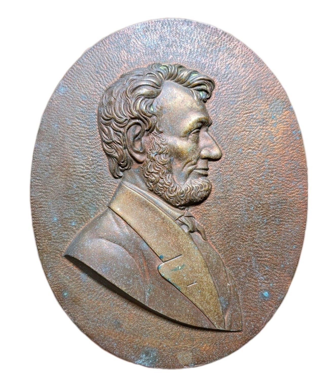 Vintage Abraham Lincoln Wall Plaque Metal Brass Tone W/ Aged Patina 11x8.5 Inch