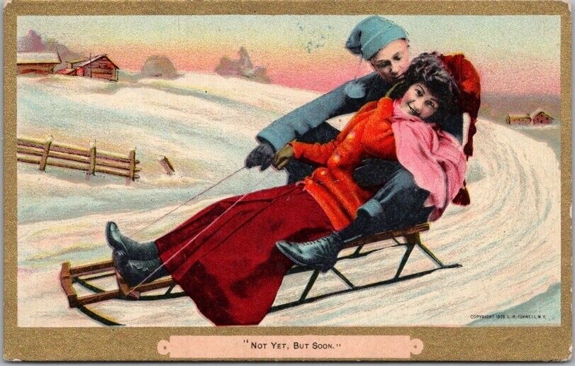 c1910s Winter Sports / Romance Postcard Couple on Sled \