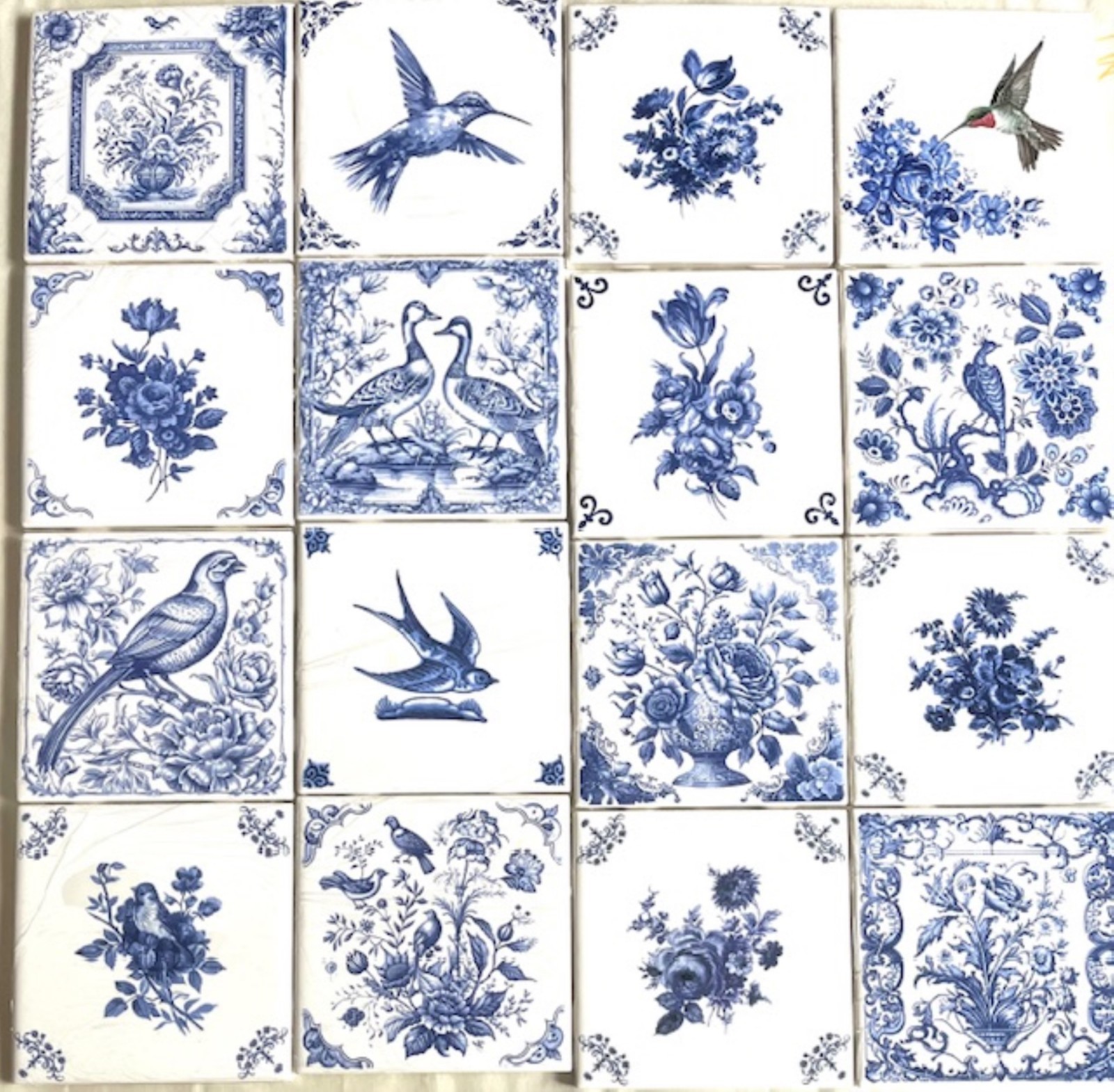 Blue Delft Design Floral Flower Bouquets and Birds 16  Kiln Fired4.25\