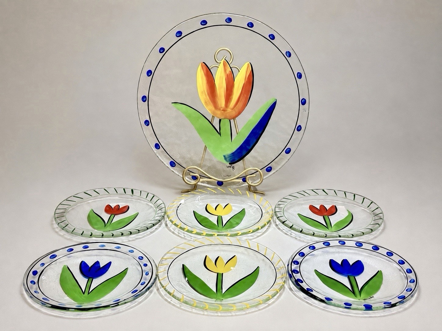 Kosta Boda Tulipa 7pc Art Glass Set Ulrica Hydman Vallien Signed UHV Handpainted