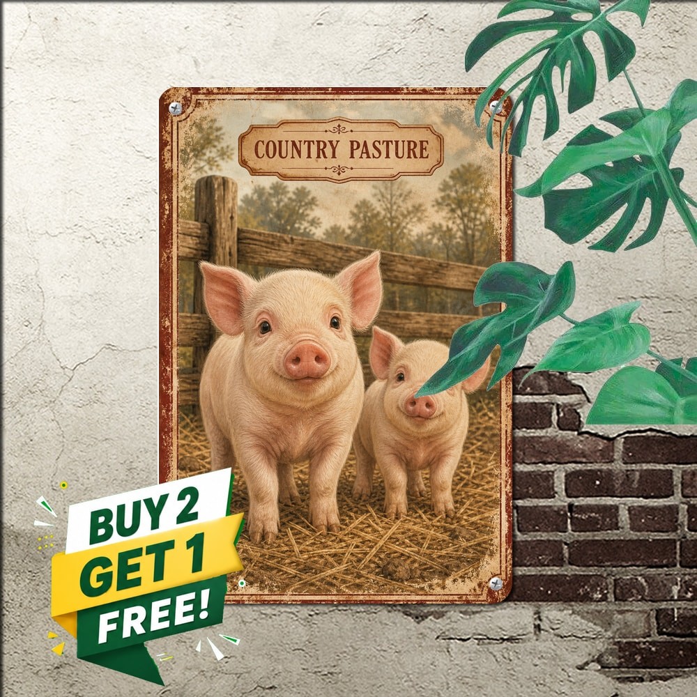Two Cute Piglets Barn Scene Distressed Vintage Border Farmhouse Metal Sign Decor