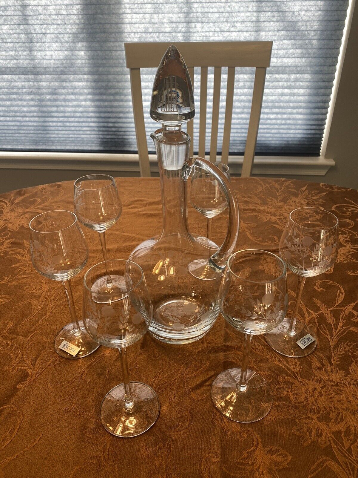 Vintage Etched Wine Decanter And Six Long Stemmed Glasses - Hand Blown