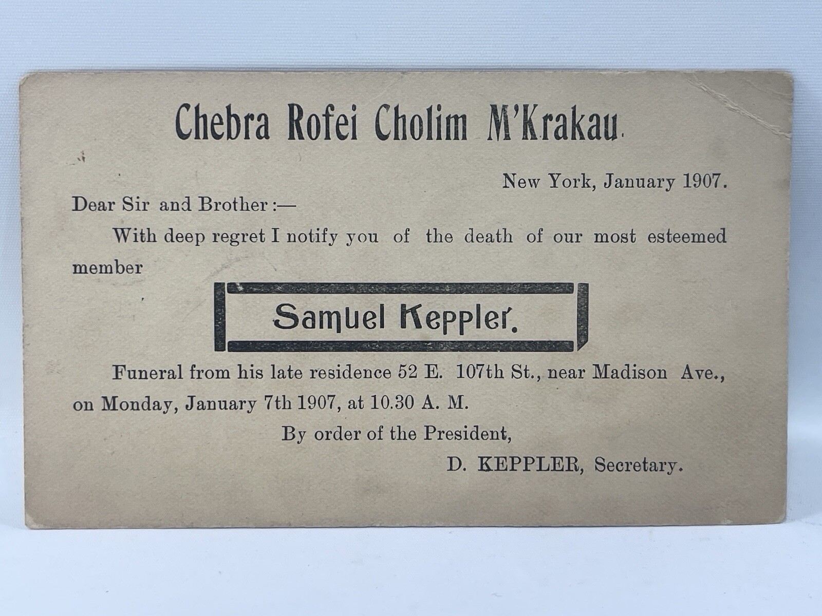 1907 Jewish Funeral Notice Samuel Keppler Chebra Rofei Cholim M’Krakau NYC