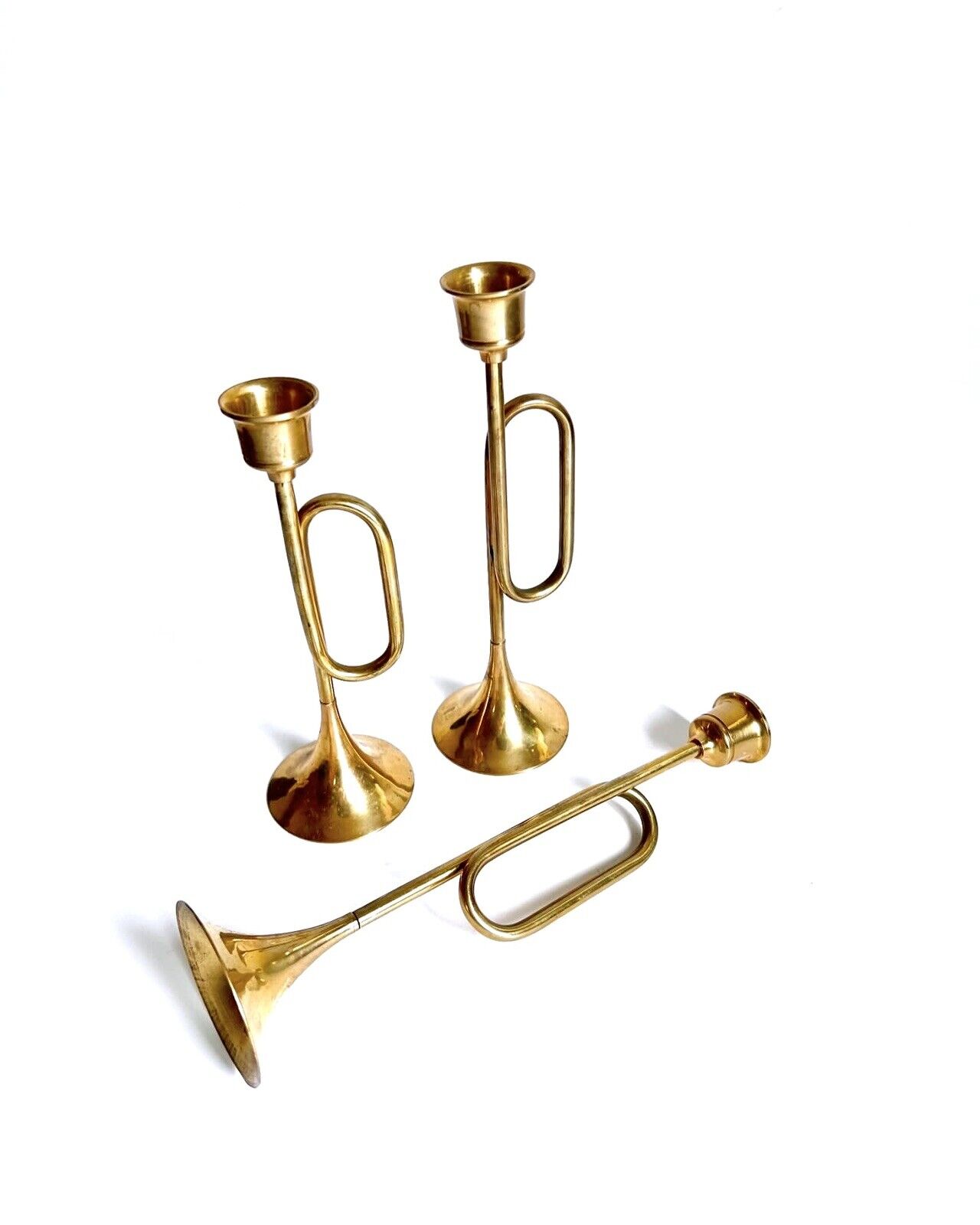 Vintage Brass Trumpet / Horn /Bugle Candlestick Holders Set of 3