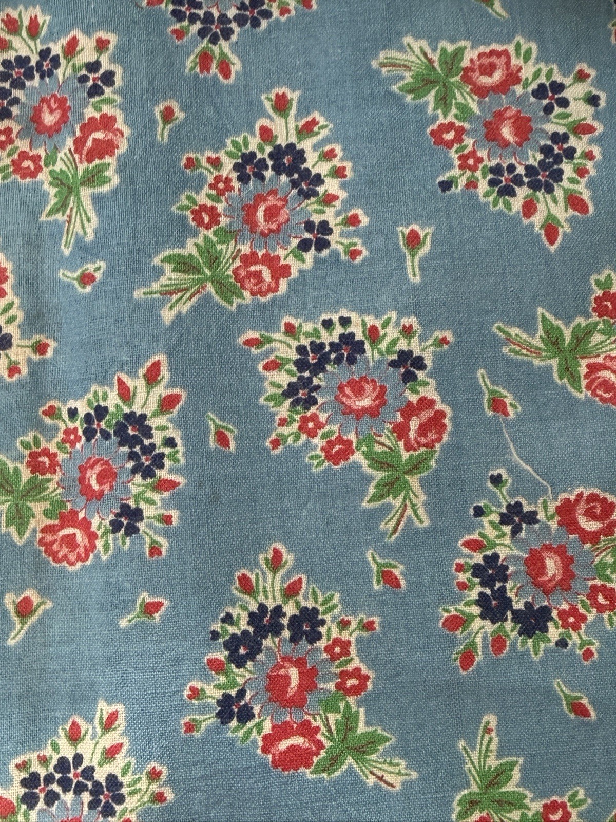 Vintage Feedsack Floral Fabric Uncut Original with Chain Stitch Red White Blue Vintage Feedsack Floral Fabric Uncut Original with Chain Stitch Red White Blue