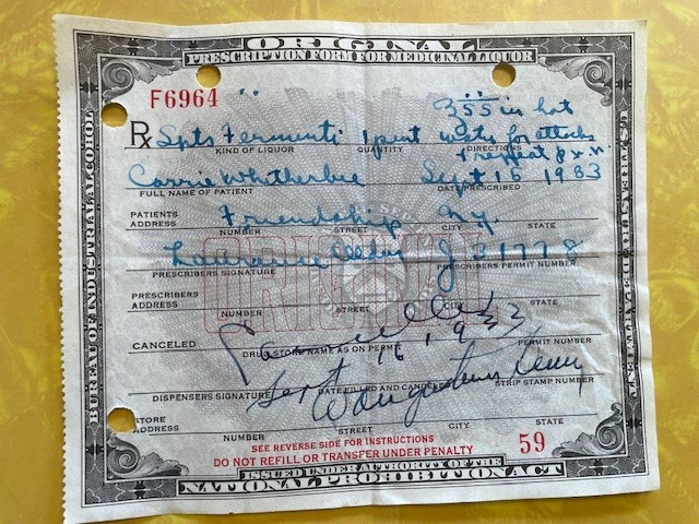 Early 1930\'s Prohibition Prescription for Medicinal Liquor - Quantity 1