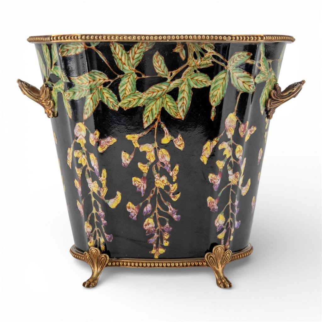 Porcelain and bronze ormolu MIDNIGHT BLOSSOM footed floral planter