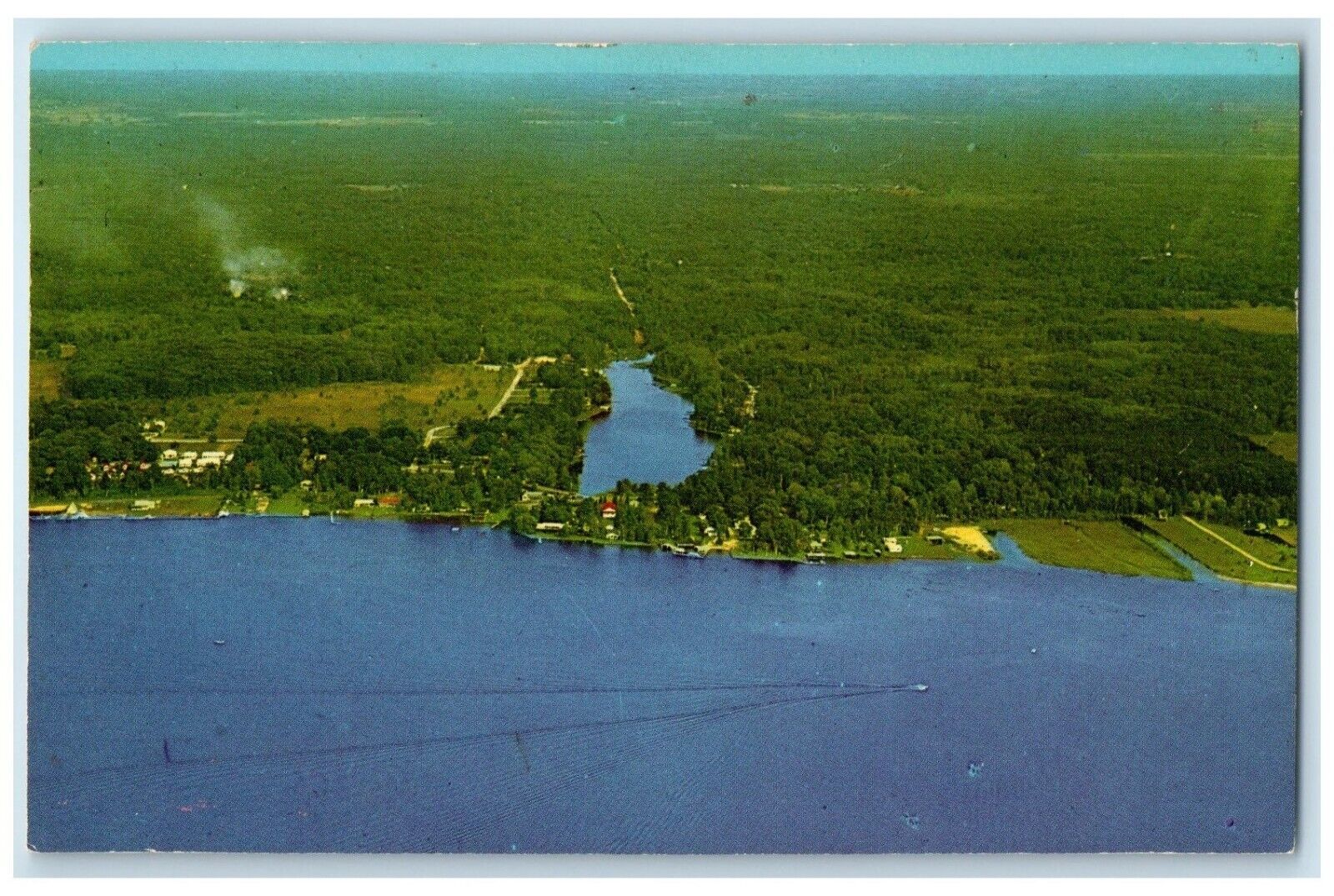 c1960 Aerial View River Hamlin Lake Ludington Michigan Vintage Antique Postcard