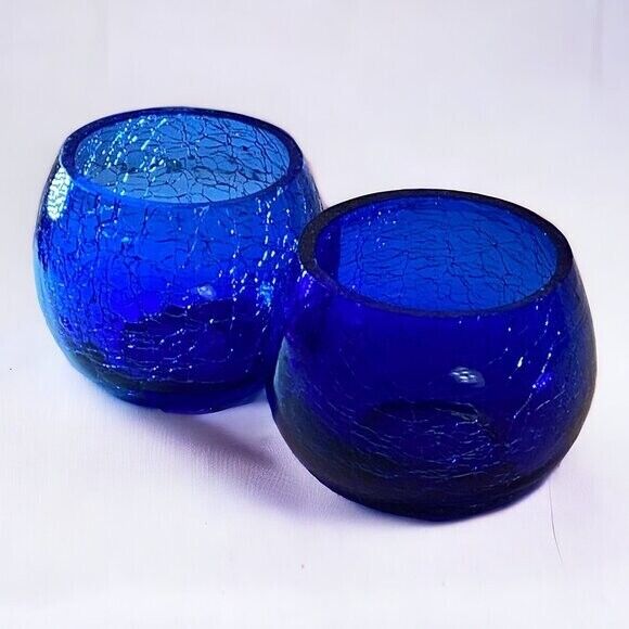 Cobalt Blue Crackle Glass Tea Light Votive Candle Holders Globe Sphere *read*